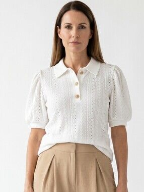CURE Classic White Knit Polo with Puff Sleeves And Gold & Faux Pearls Bottons
